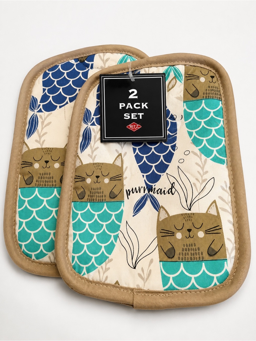 RITZ Purrmaid Cat Mermaid Pot Holder Set 2 Pack Quilted Kitchen Hot Pads NWT